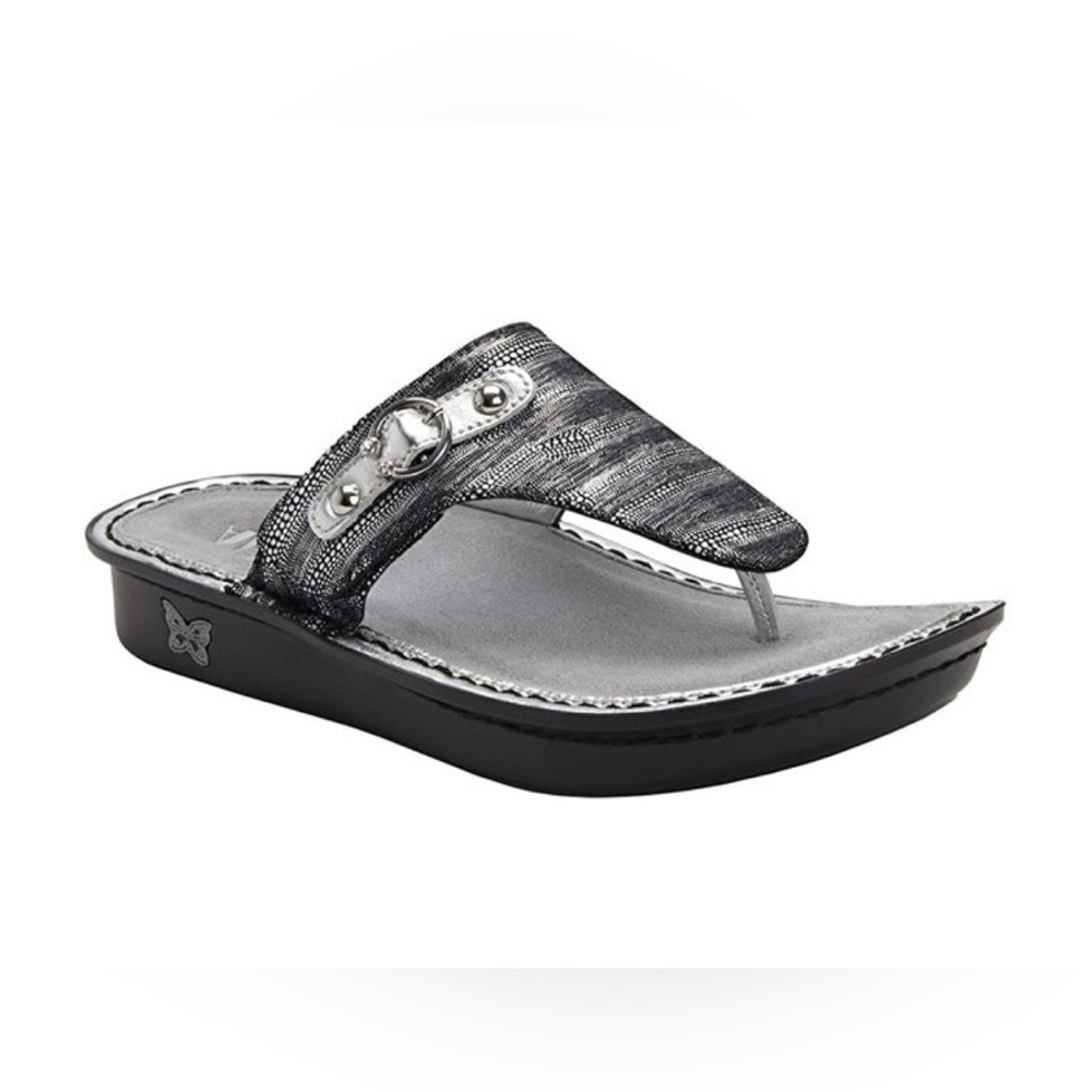 Alegria Vanessa Black and Silver Metallic Sandals